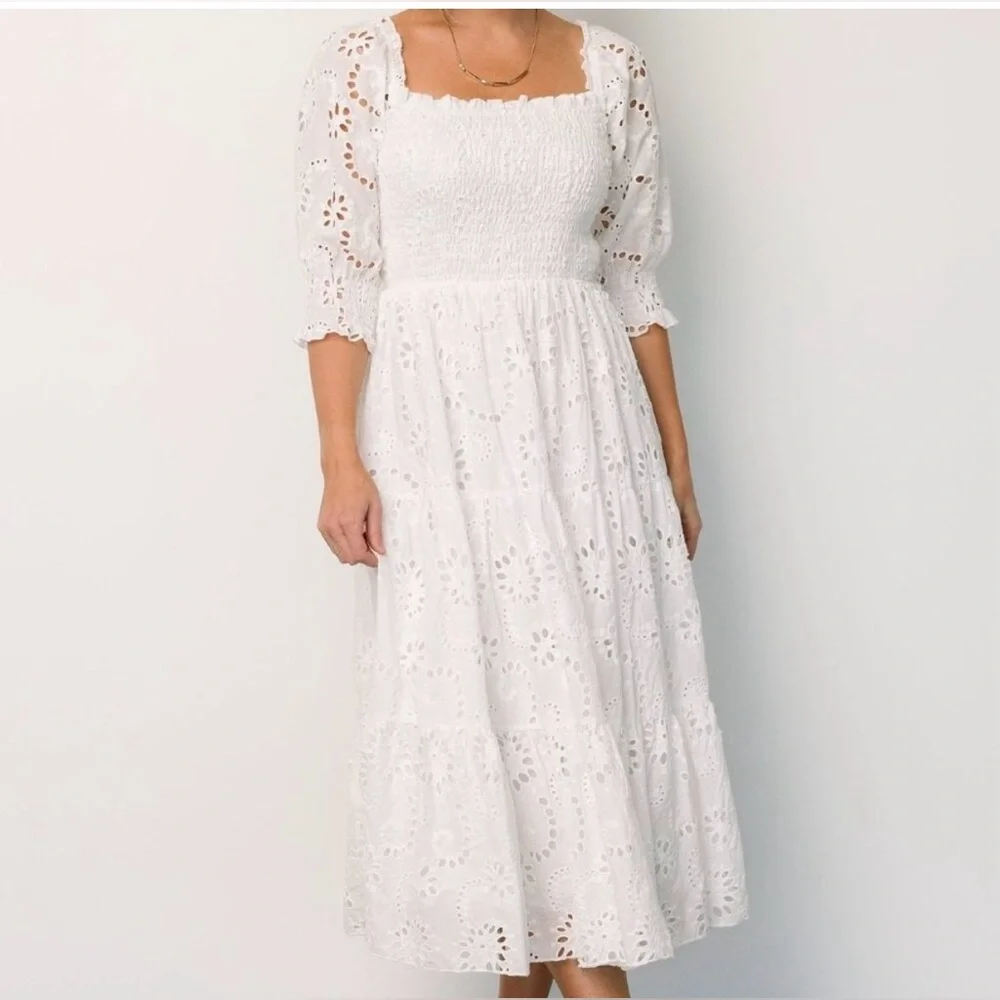 Baltic Born White Ella Eyelet Smocked Midi Dress - Picture 1 of 12